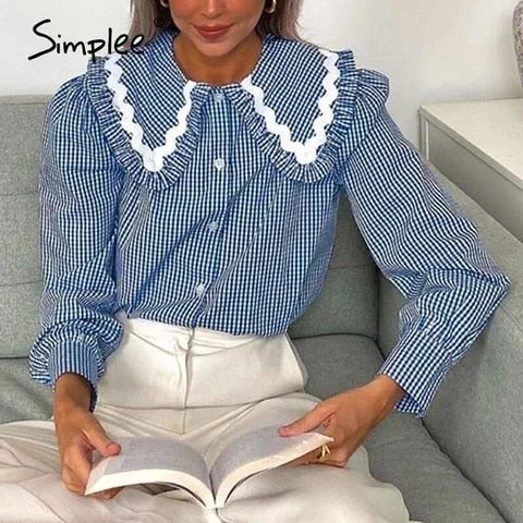pornhint Pornhint Simplee Vintage blue plaid turndown collar shirt Button long sleeve cotton blouse ladies  Cute autumn winter women clothing 2023