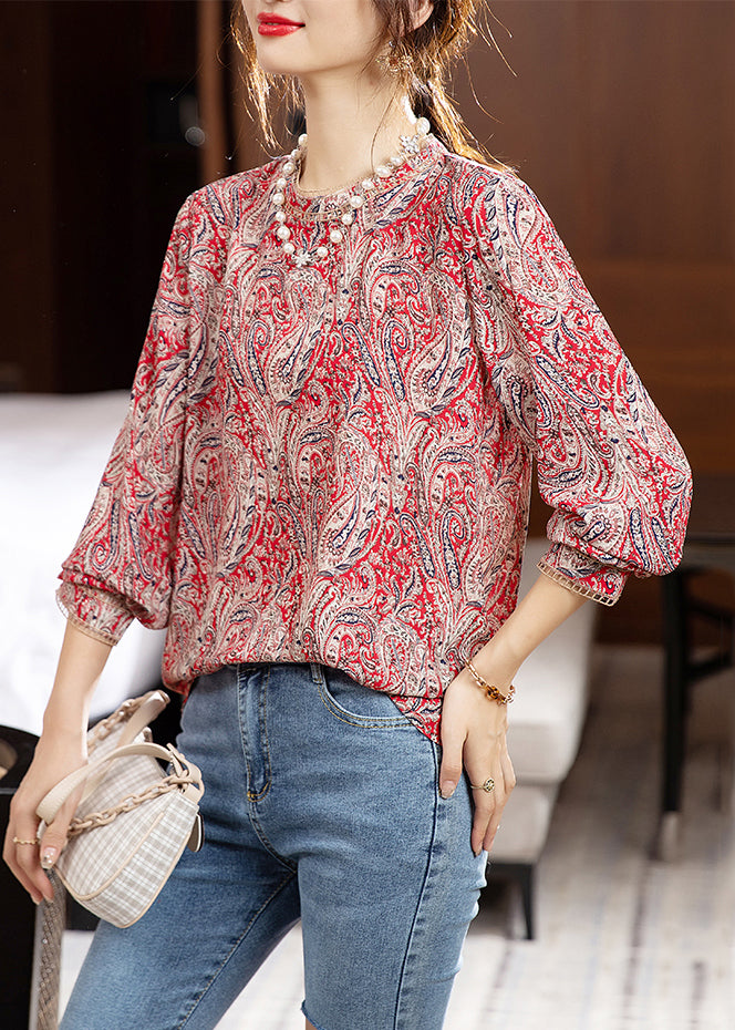 VCSHOES Colorblock O Neck Print Patchwork Chiffon Top Fall