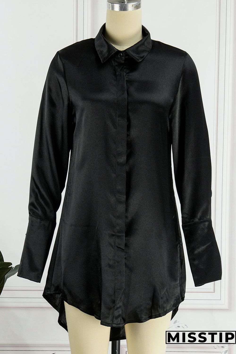 Black Casual Solid Patchwork Buckle Turndown Collar Tops