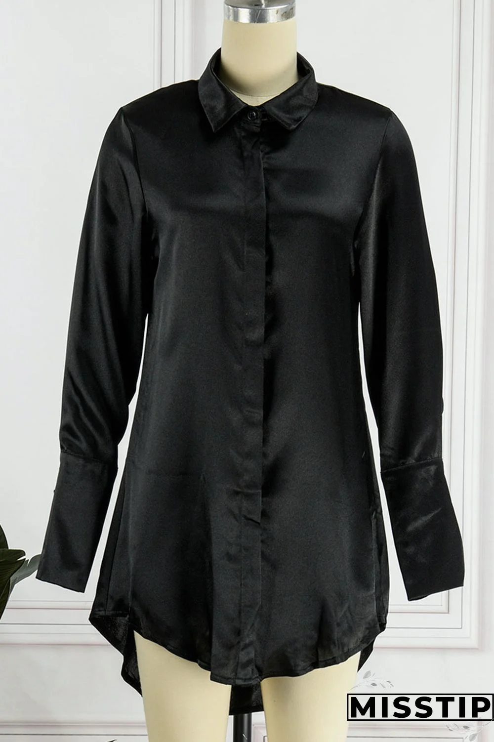 Black Casual Solid Patchwork Buckle Turndown Collar Tops