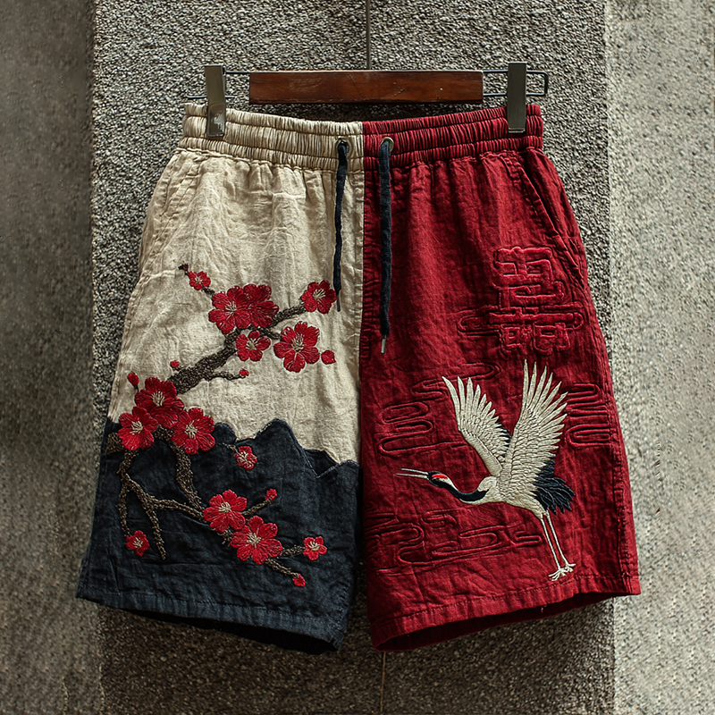 Men's Japanese Retro Style Cranes And Plum Blossoms Art Design Linen Shorts elevenforest