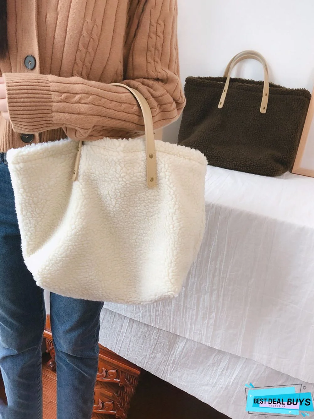 Pure Color Lambswool Large Capacity Handbag