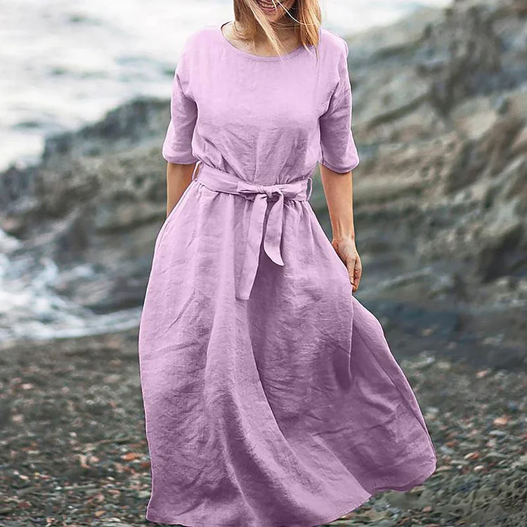 Simple cotton linen five quarter sleeve dress