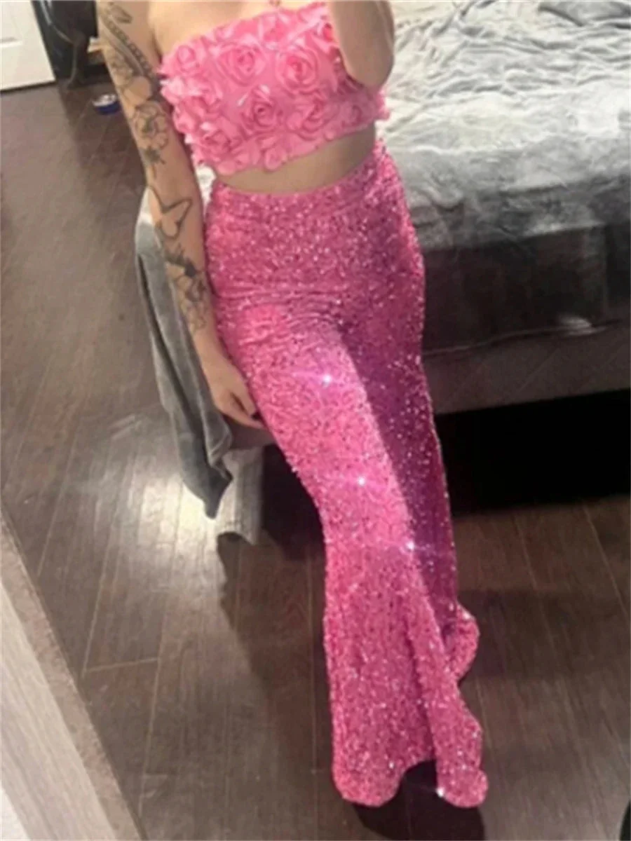 Oocharger Shiny Sequins Wide Leg Pants for Women Fashion Elastic High Waist Long Trousers Party Casual Streetwear Bottoms