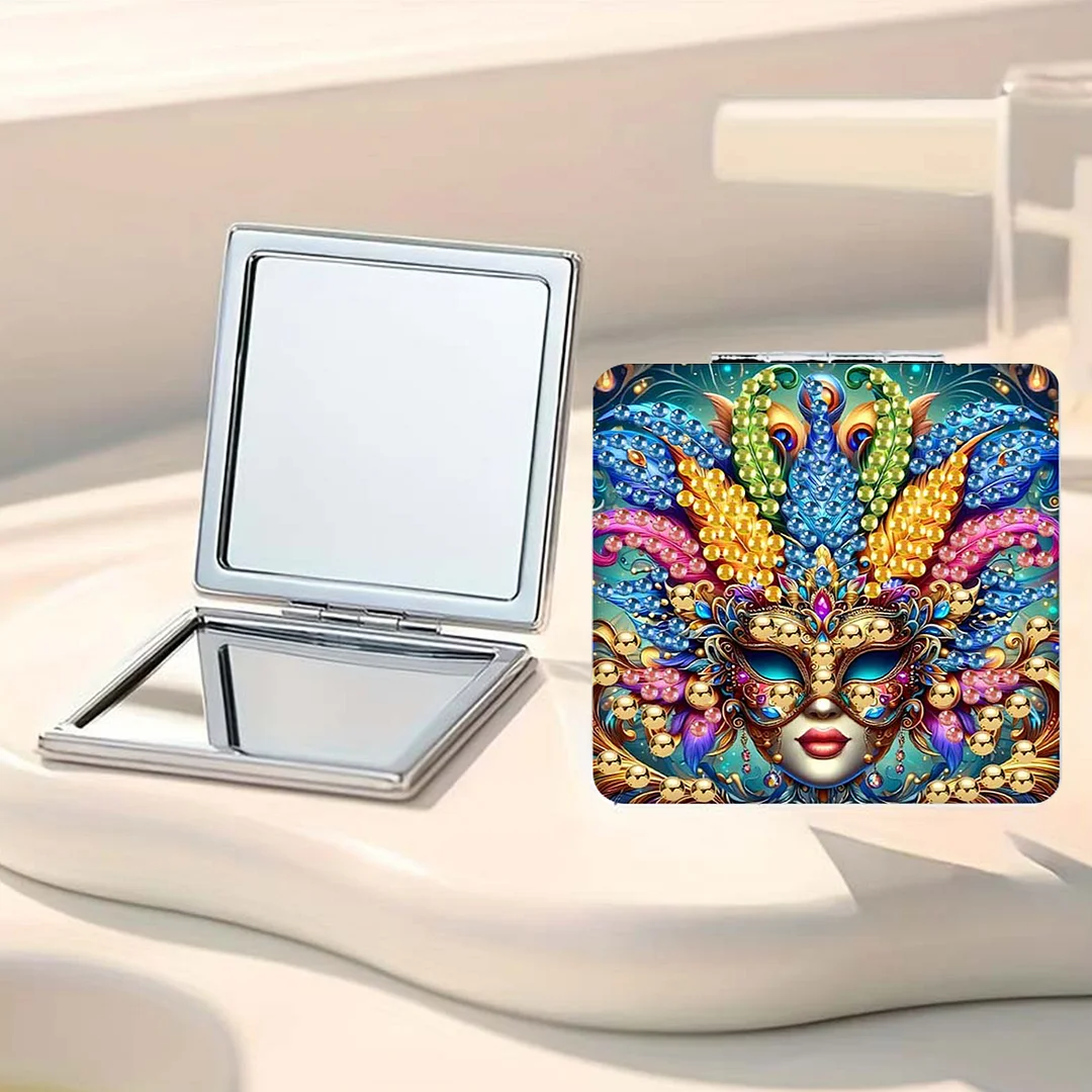 Mask-2 DIY Special Shaped Diamond Painting Compact Mirror Kits Diamond Art Painting Pocket Mirror for Beginners Adults Art Craft Woman Gifts