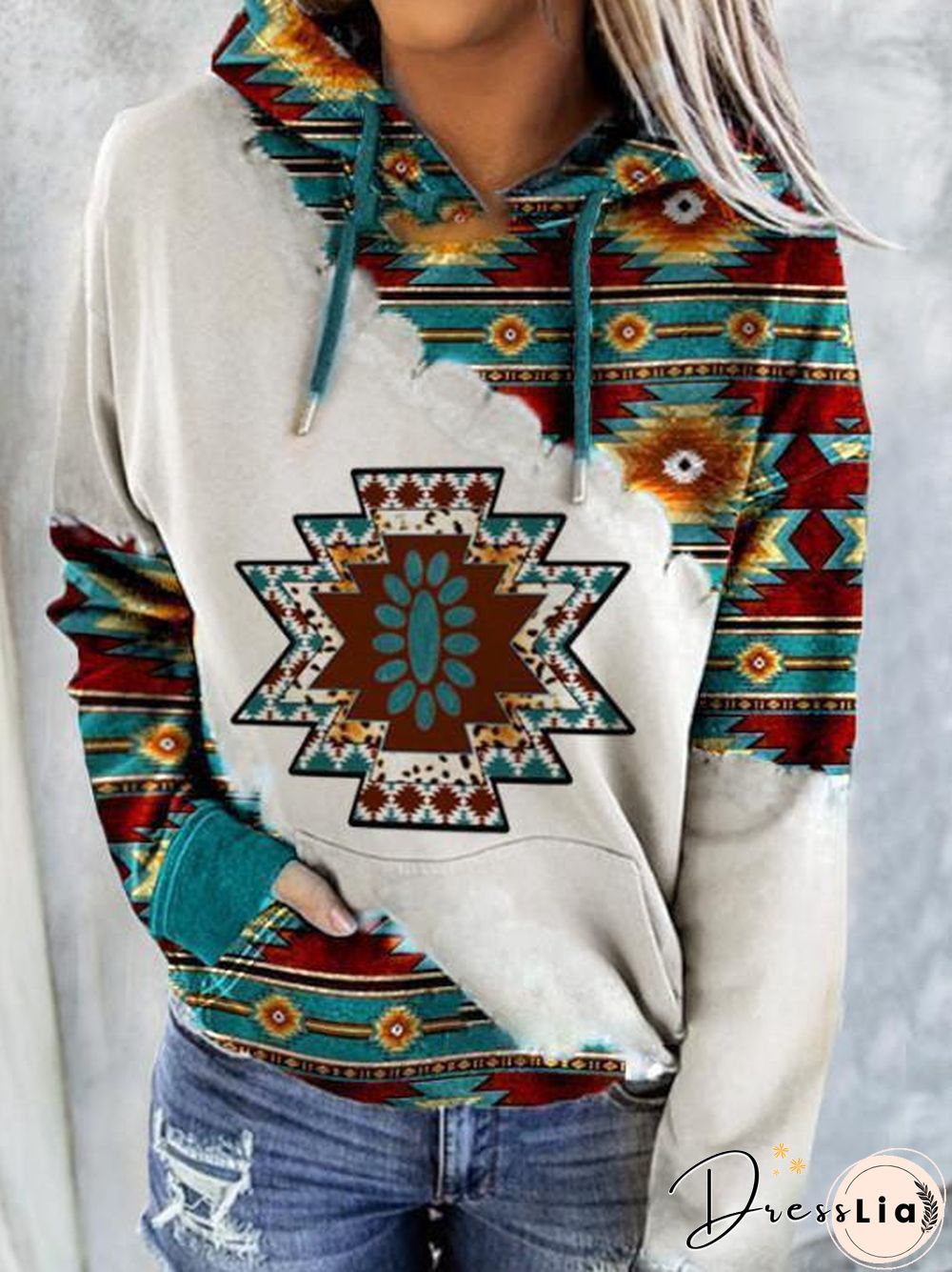 Round Neck Bohemia Printed Hoodie With Hat