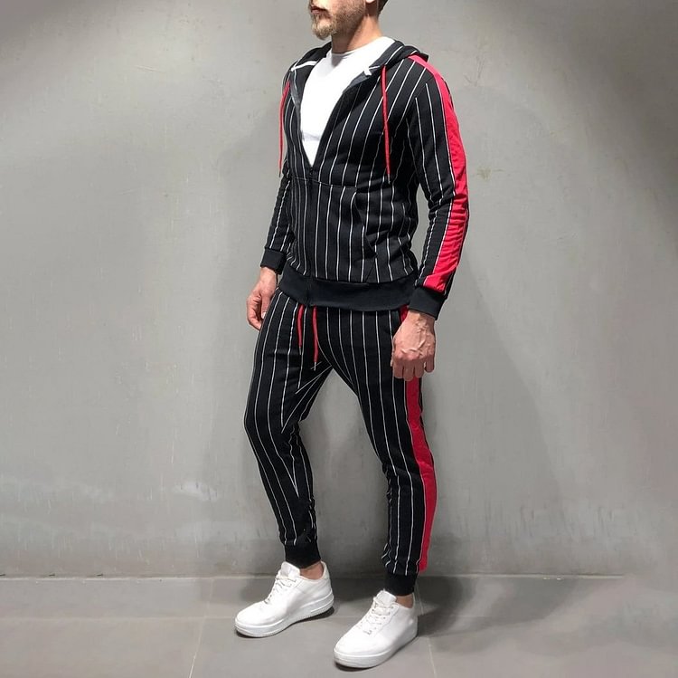 Hooded zipper cardigan stripe sports suit