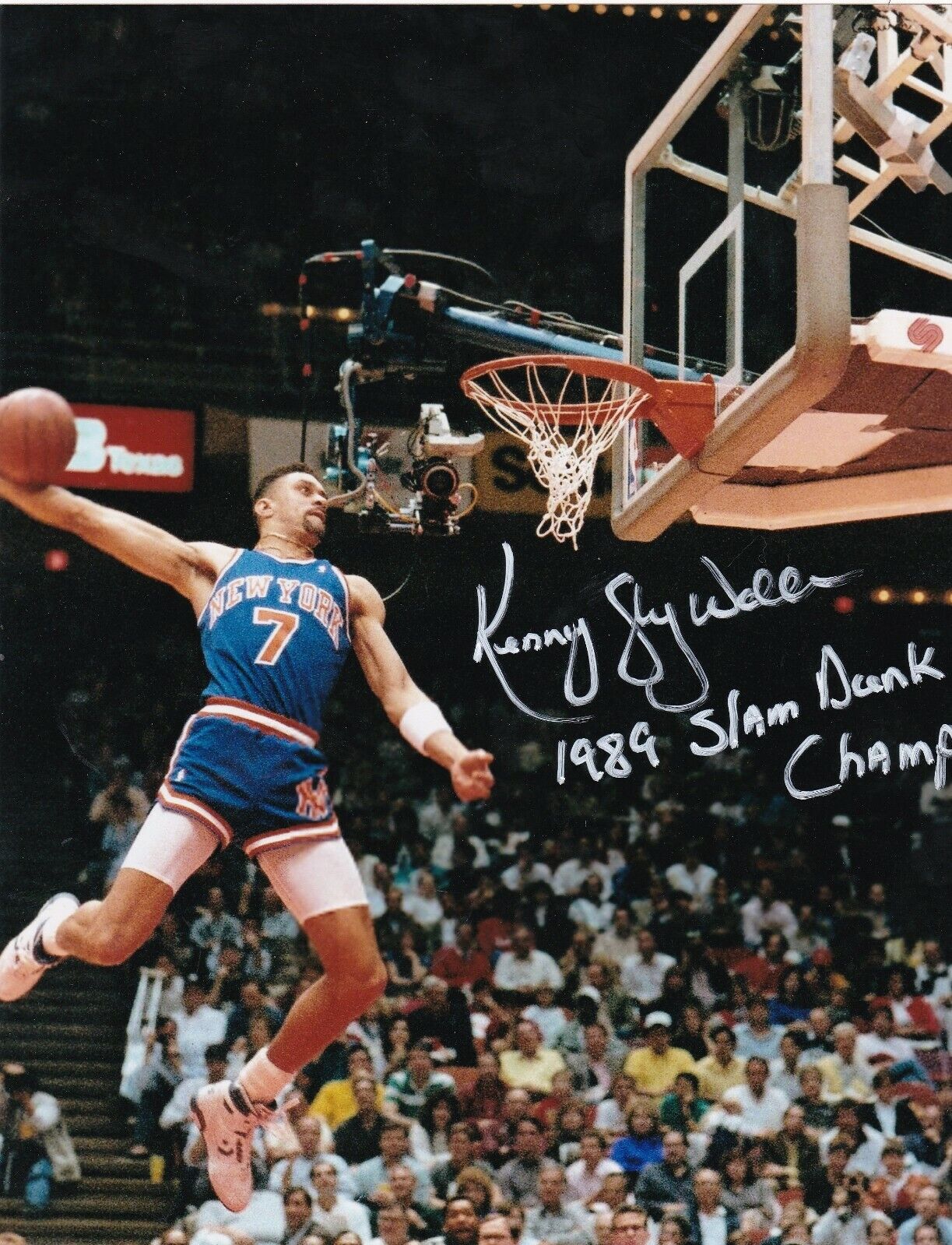 KENNY WALKER NEW YORK KNICKS 1989 SLAM DUNK CHAMP ACTION SIGNED 8x10 Photo Poster painting