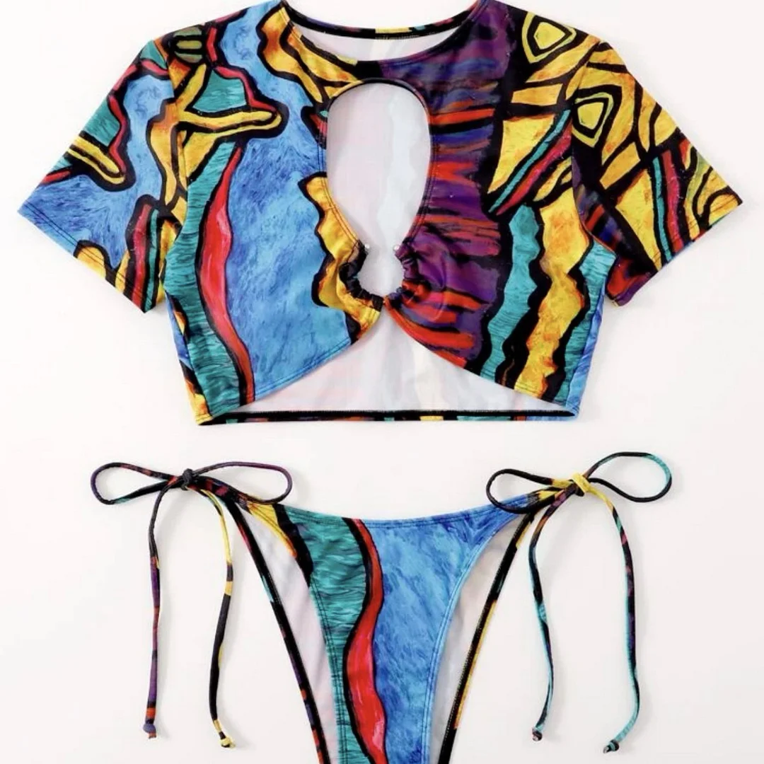 Uveng 2022 Printed Split Hollow Bikini Bikini