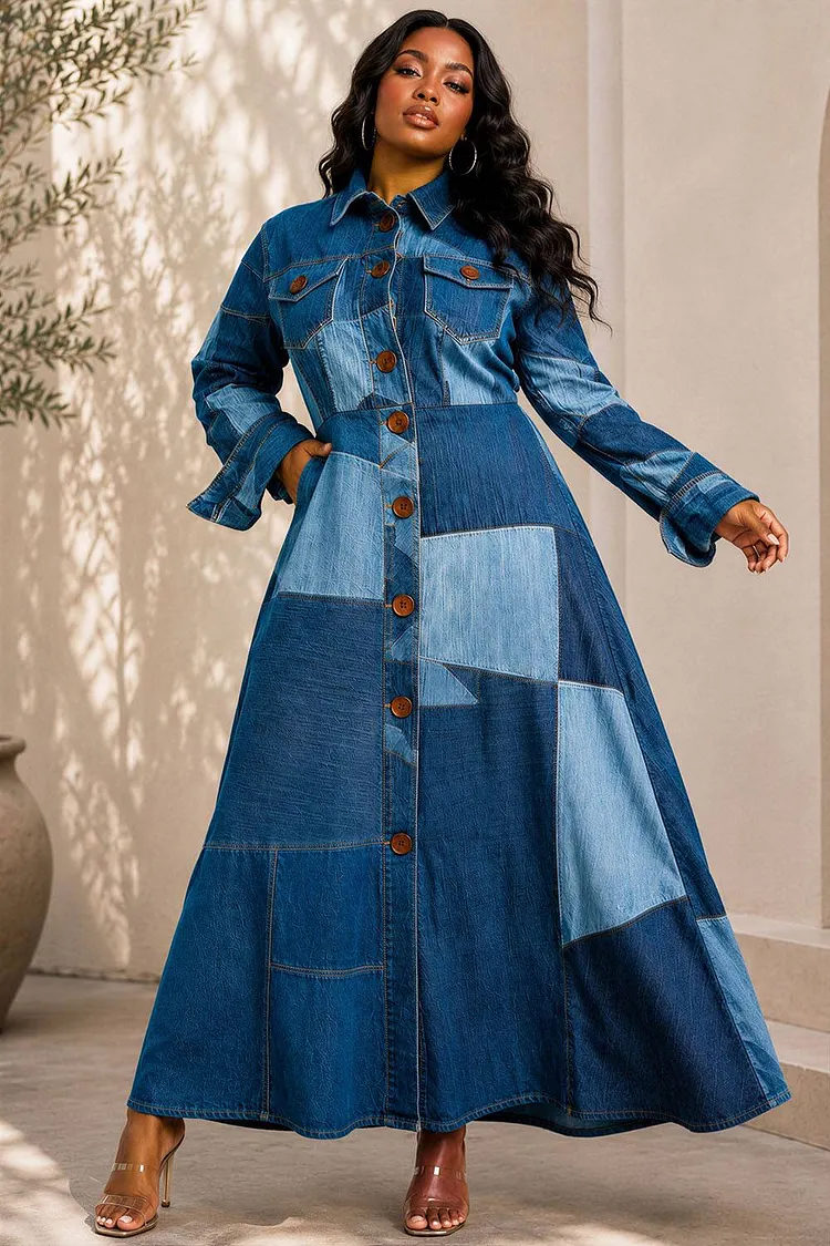 Xpluswear Design Plus Size Business Casual Blue All Over Print Shirt Collar Long Sleeve Pocket Denim Midi Dresses [Pre-Order] 2024 - Xpluswear