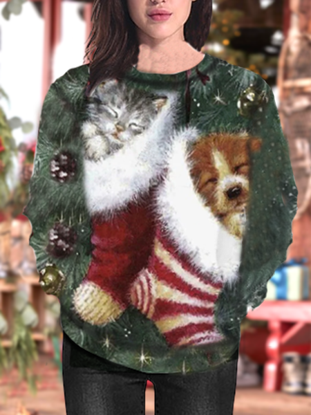 Women Casual Animal Winter Polyester Mid-Weight Long Sleeve Loose Regular Popular Styles Sweatshirts