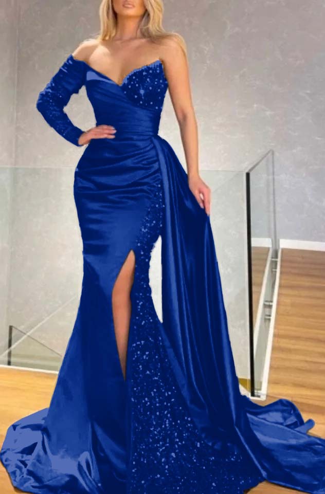 Daisda One Shoulder Long Sleeve Split Black Mermaid Prom Dress With Sequins