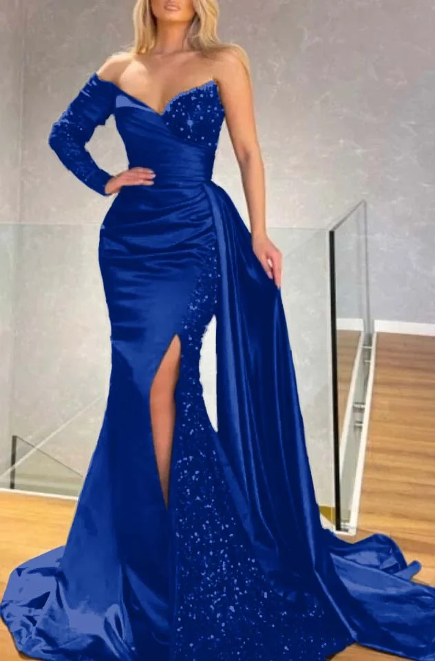Black One Shoulder Long Sleeve Split Mermaid Prom Dress With Sequins PD0794