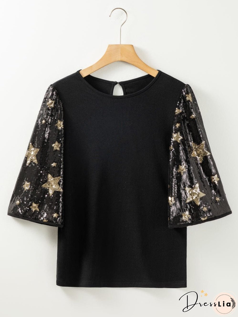 Black Star Sequin Embellished Half Sleeve Knit Top