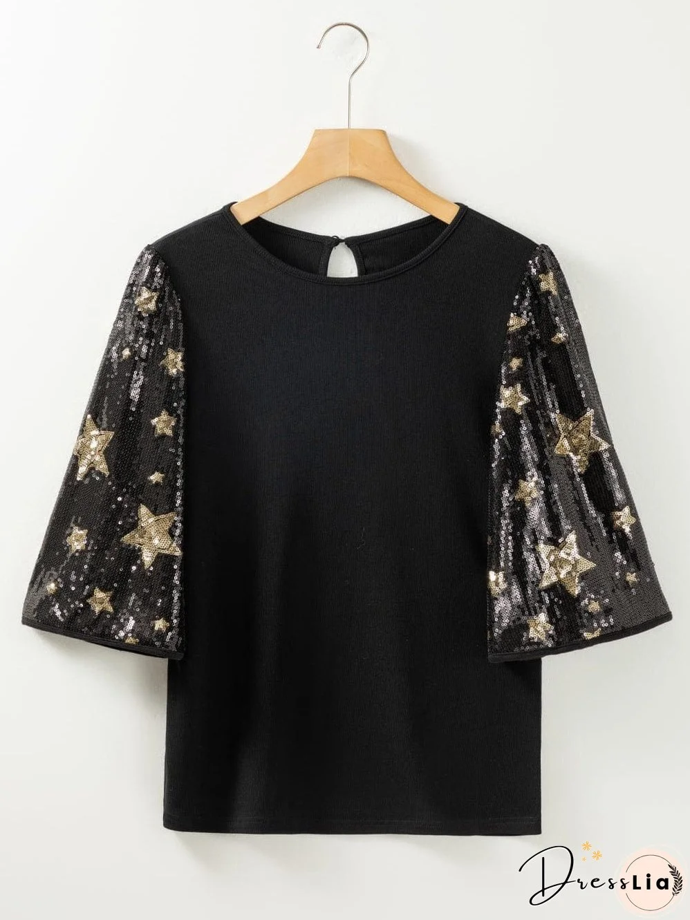 Black Star Sequin Embellished Half Sleeve Knit Top