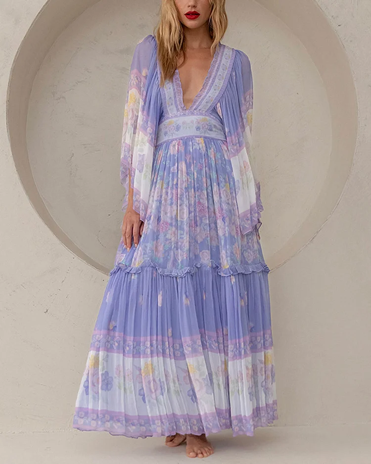 Romantic French Floral Print Chiffon Dress