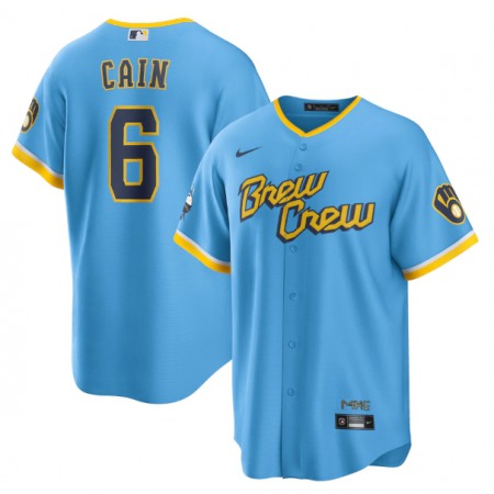 Men's Milwaukee Brewers #6 Lorenzo Cain 2022 Powder Blue City Connect Cool Base Stitched Jersey WEZG