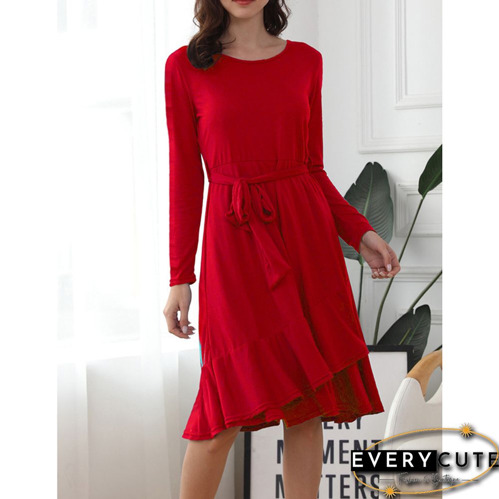 Red Ruffled Hem Tie Waist Long Sleeve Casual Dress