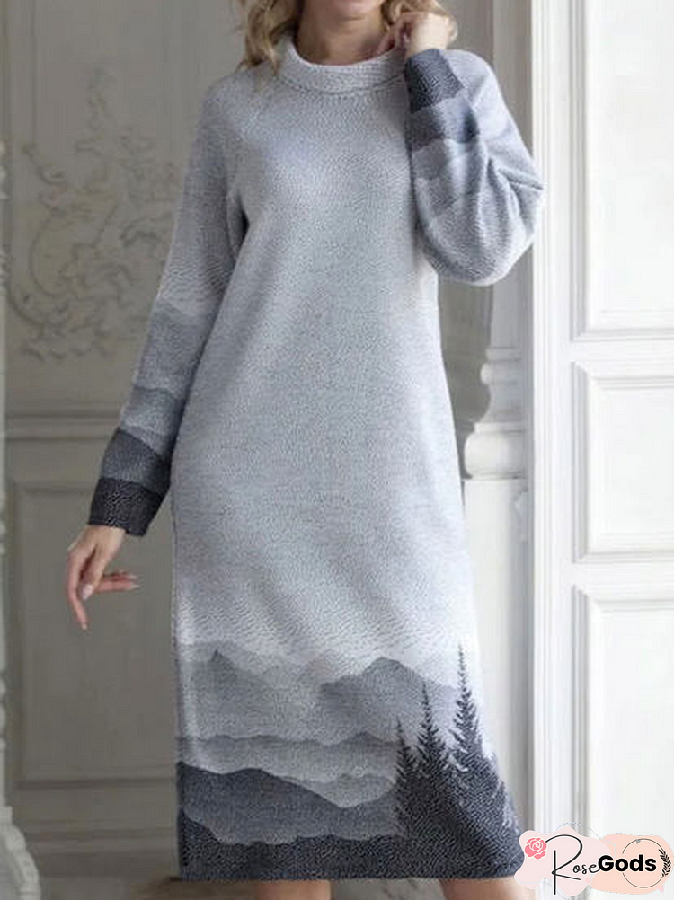 Winter Landscape Painting Casual Long Knitting Dress