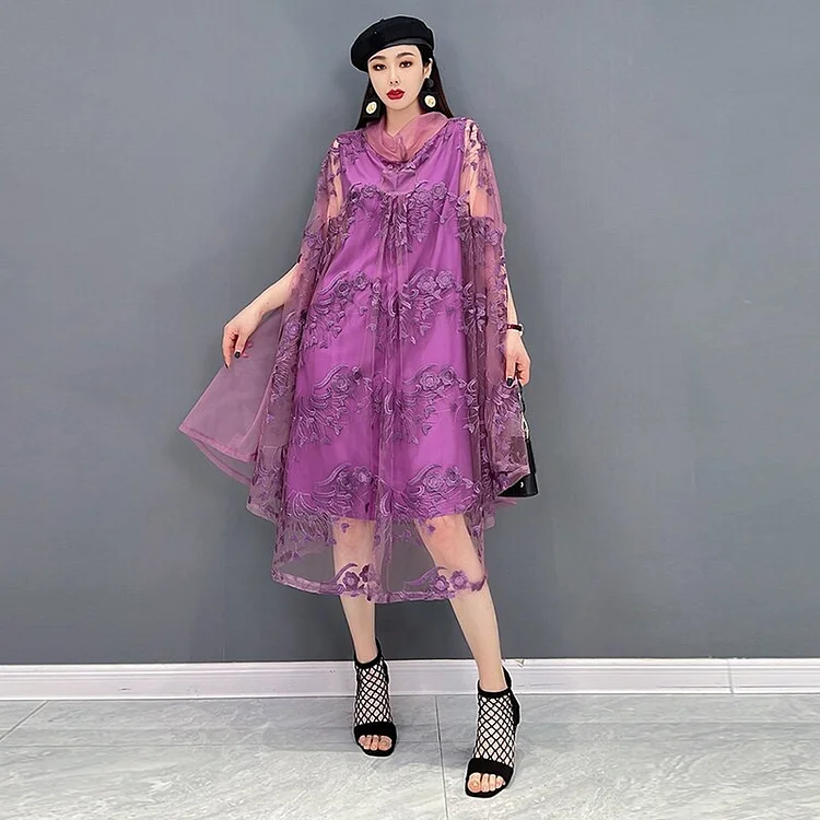 Solid Color Turtle Neck Embroidery Mesh Patchwork Batwing Sleeve Dress      