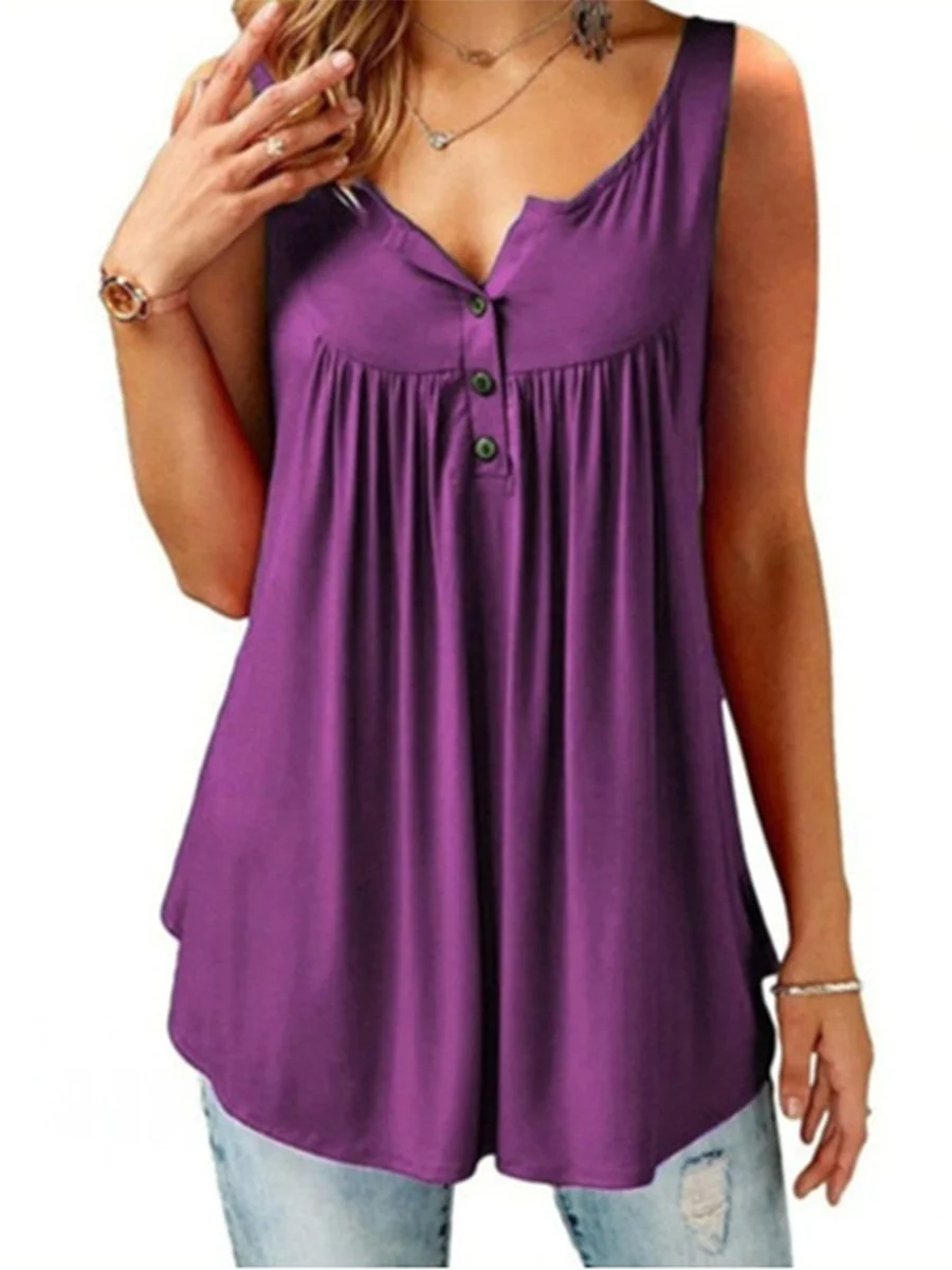 Solid Color Ruffle Button Tank Top