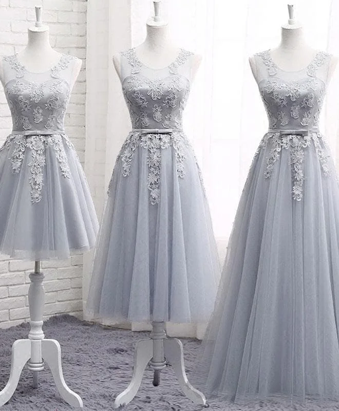 Gray Round Neck Lace Tulle Prom Dress, Lace Evening Dresses