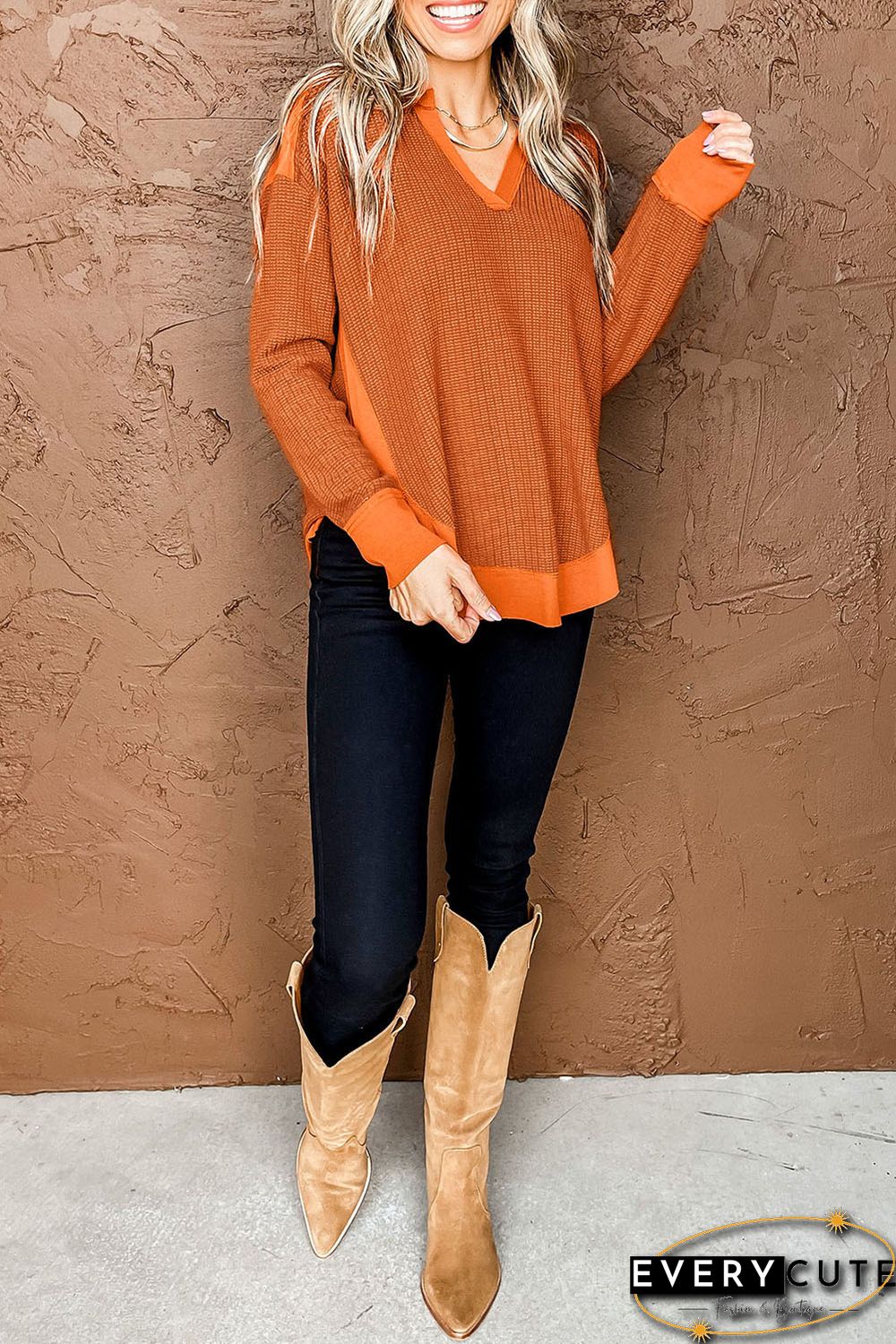 Orange Waffle Knit Patchwork V Neck Long Sleeve Top