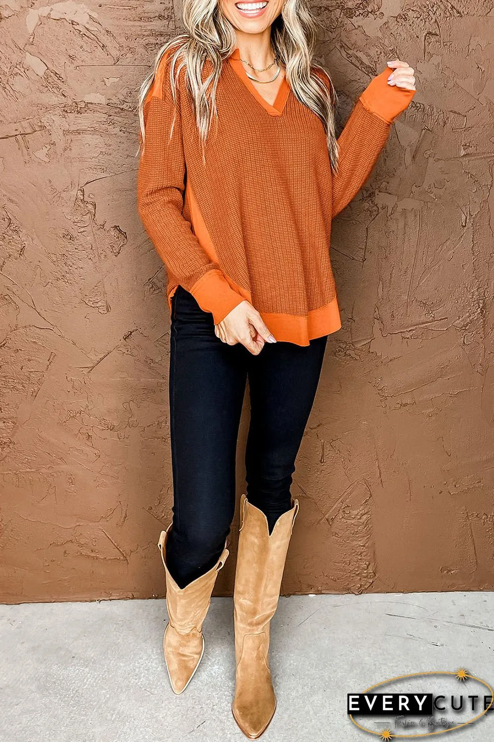 Orange Waffle Knit Patchwork V Neck Long Sleeve Top