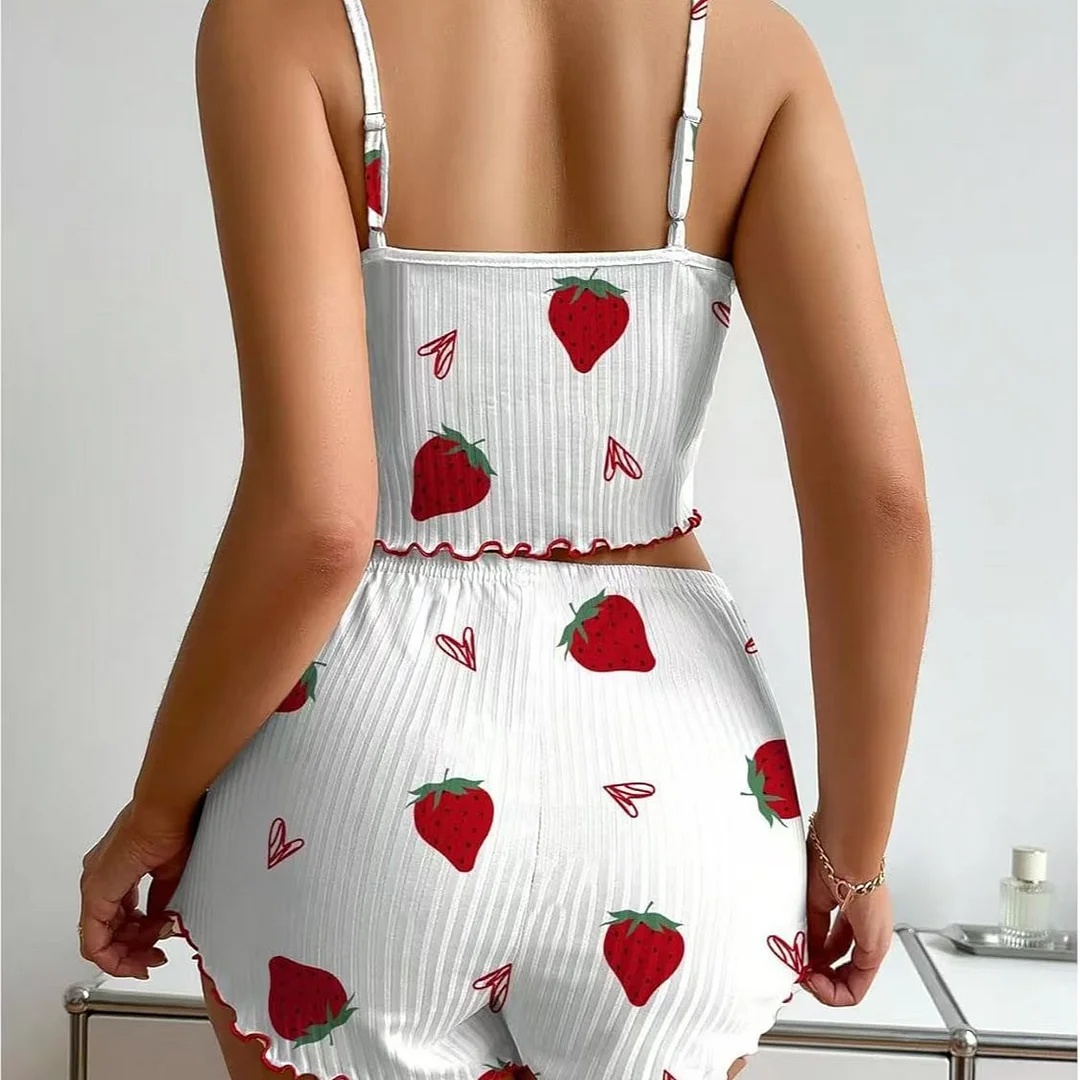Uveng Strawberry Love Pajamas Women's Sling Vest Shorts Set Printed Homewear