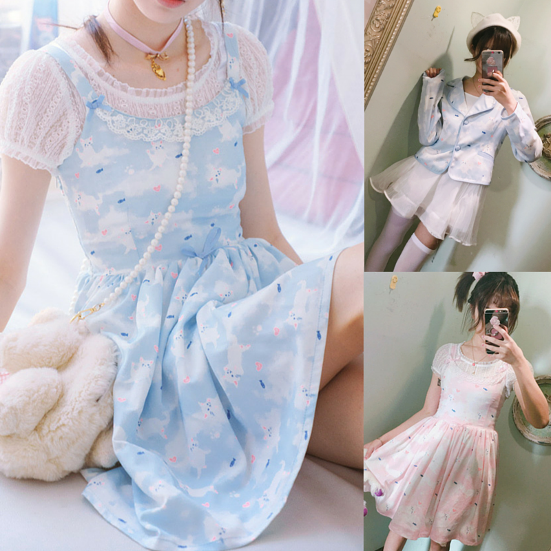 Kawaii Kitty Cat Pattern Spring Dress/Suit/Shirt SP165957