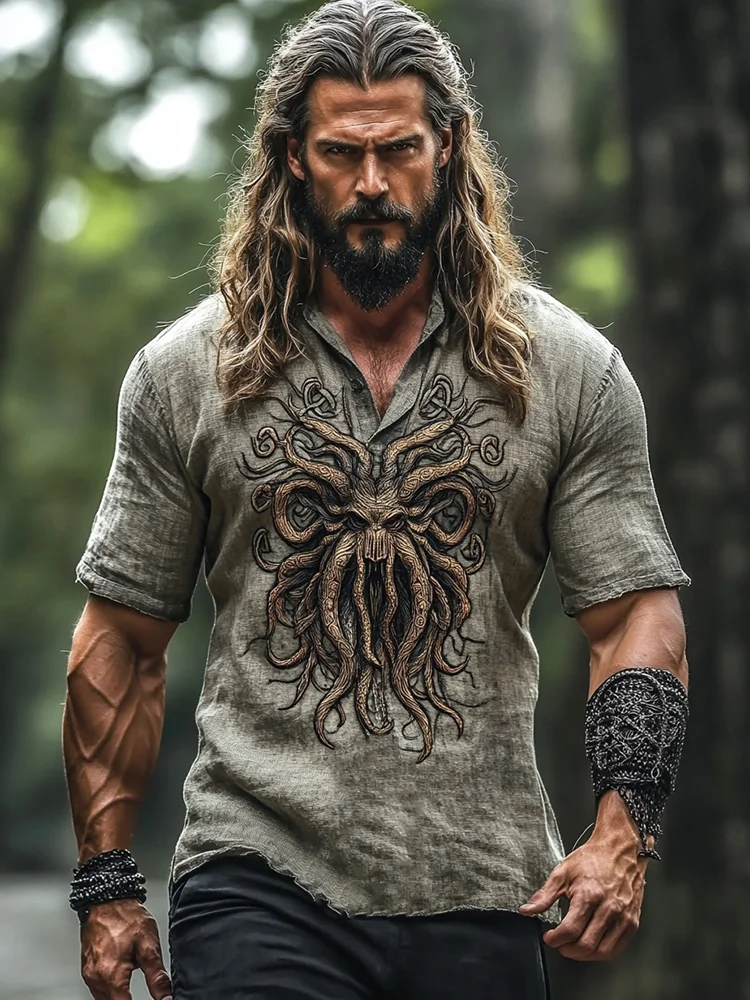 Men's Viking Tree Of Life Tribal Cthulhu Art Linen T-shirt / Rvogue / Rvogue