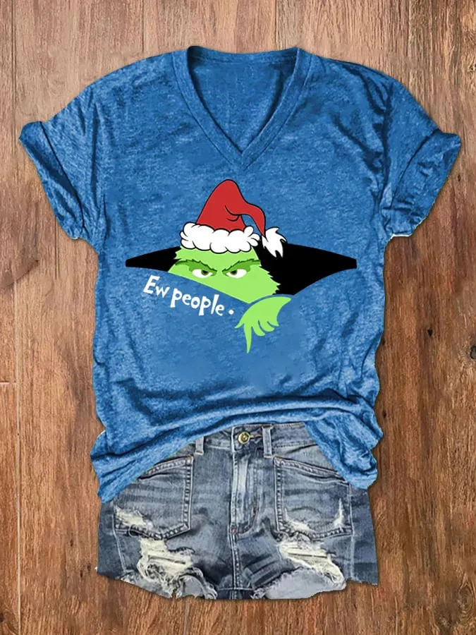 Women's Christmas EW People Print V-Neck T-Shirt
