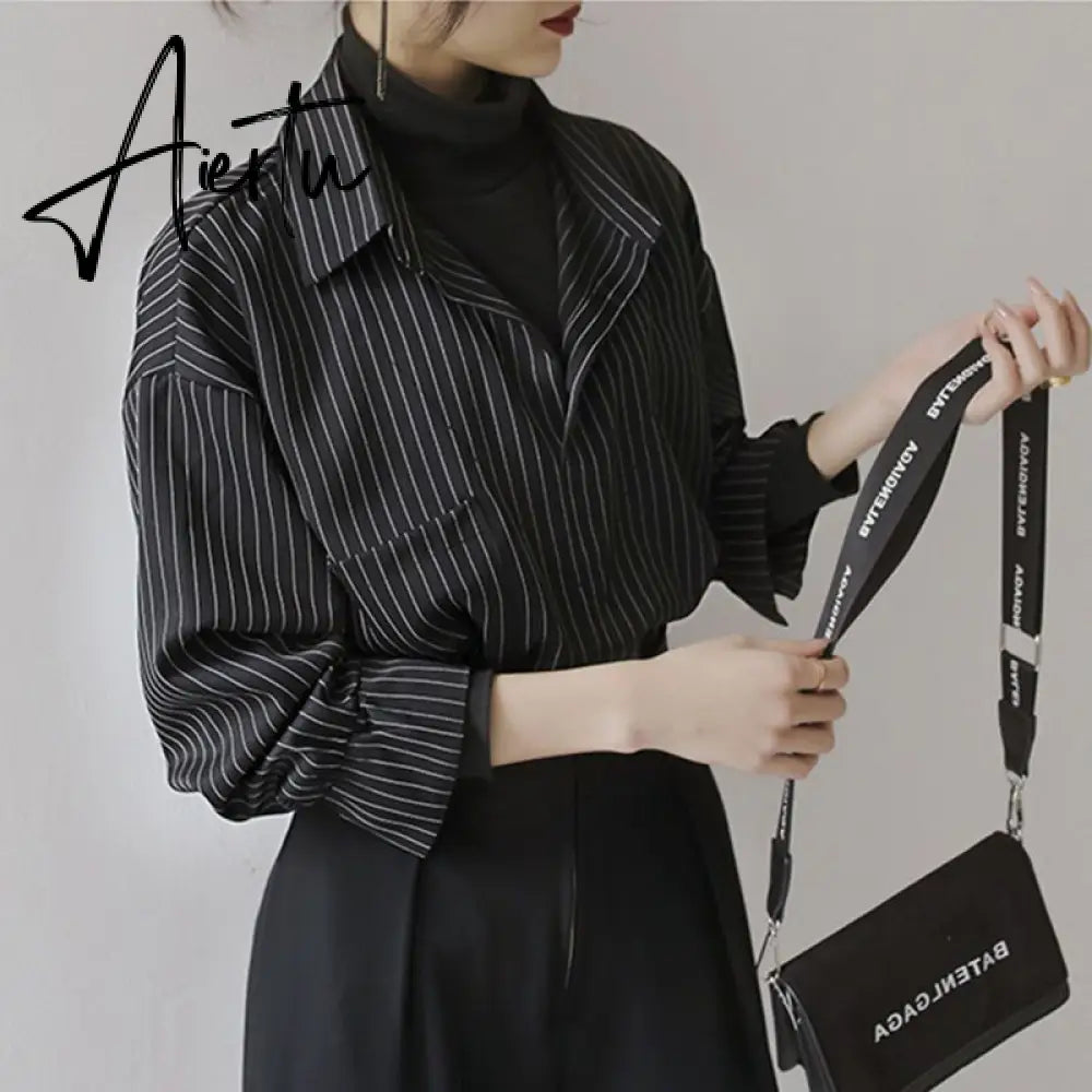 Aiertu Fake Two Piece Striped Shirt Women Patchwork Knitted Turtleneck  Autumn Winter Long Sleeve Casual Loose Female Blouse Tops Aiertu