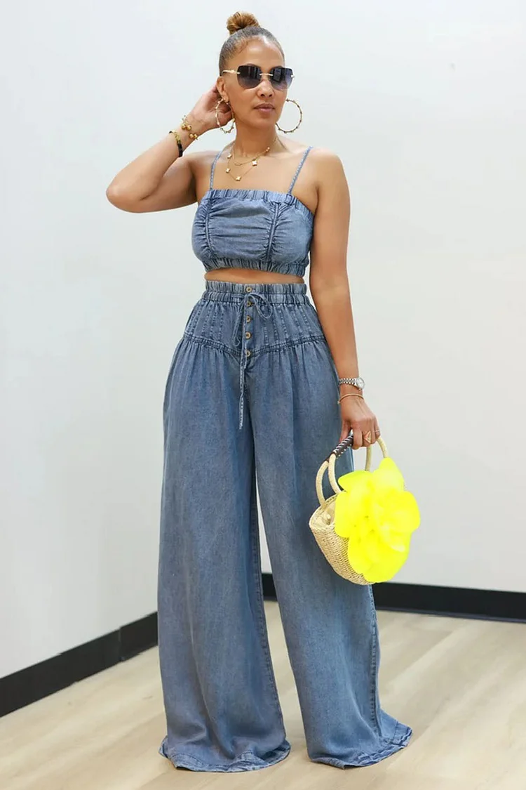 Cami Crop Top Pleated Contrast Wide Leg Pants Denim 2pcs Set-Blue [Pre Order]