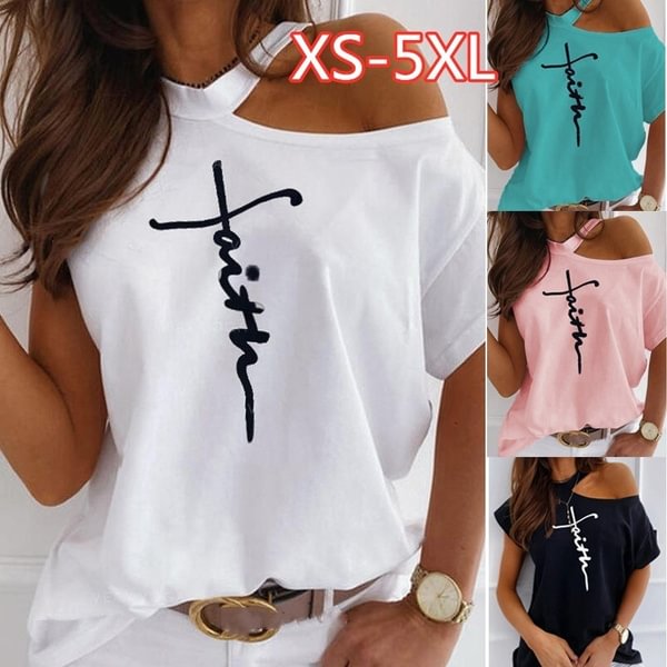 Plus Size Off Shoulder Print T Shirt Women Loose Casual Summer T-shirt Short Sleeve Cotton Tops - Shop Trendy Women's Fashion | TeeYours