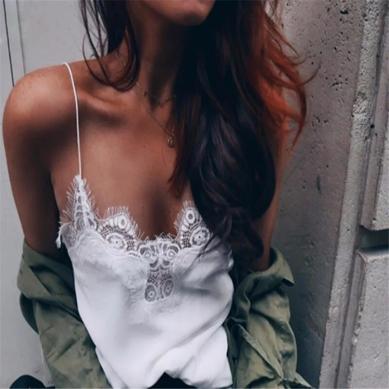 2021 Spring Summer Sexy Lace Camis Women Tops Fashion Solid White Black Patchwork V Neck Sleeveless Casual Female Camisole Blusa
