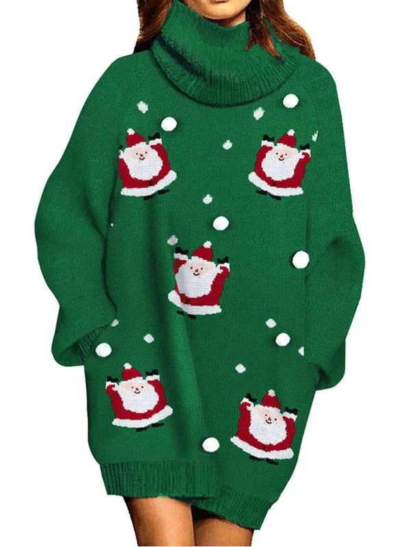 Turtleneck Ugly Christmas Sweater Womens Oversize Santa Sweater Dress-elleschic