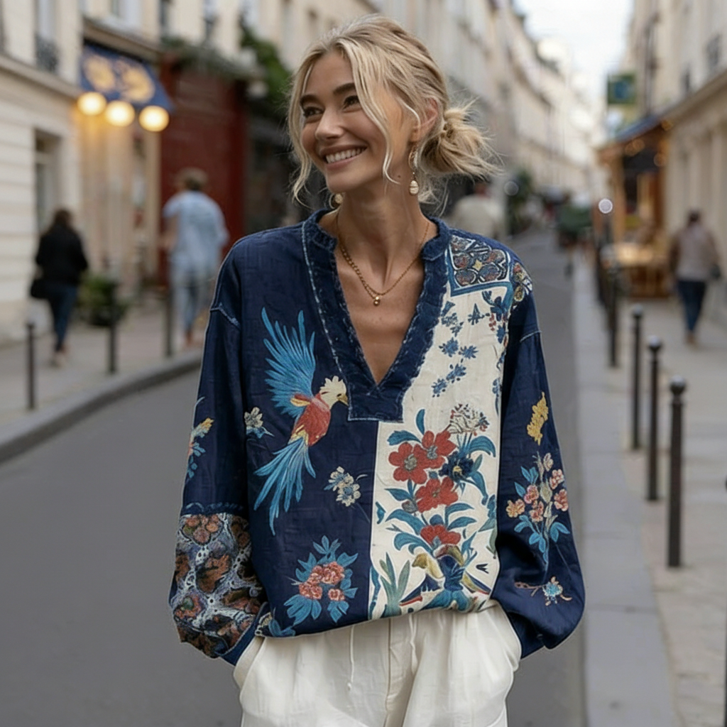 Linen Bohemian Embroidered Top Women's Loose Long Sleeve Peasant Blouse Ethnic Vintage Style Summer Casual Shirt - Helixace