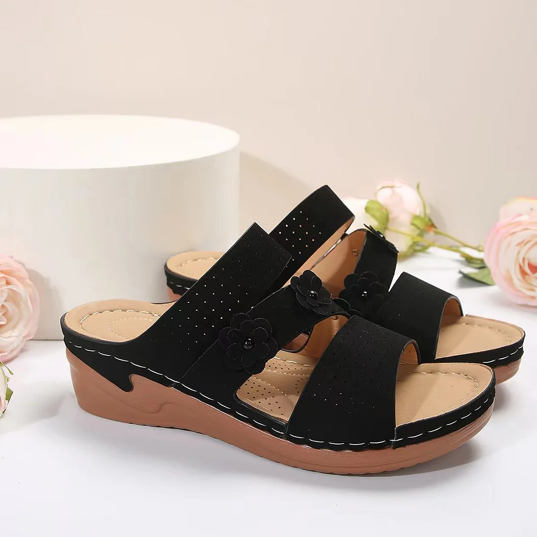 Tanguoant Tanguoant Thick Bottom Breathable Slippers Female Large Size Recreational One Foot Pedal Stitching Slope Heel Flower Sandals