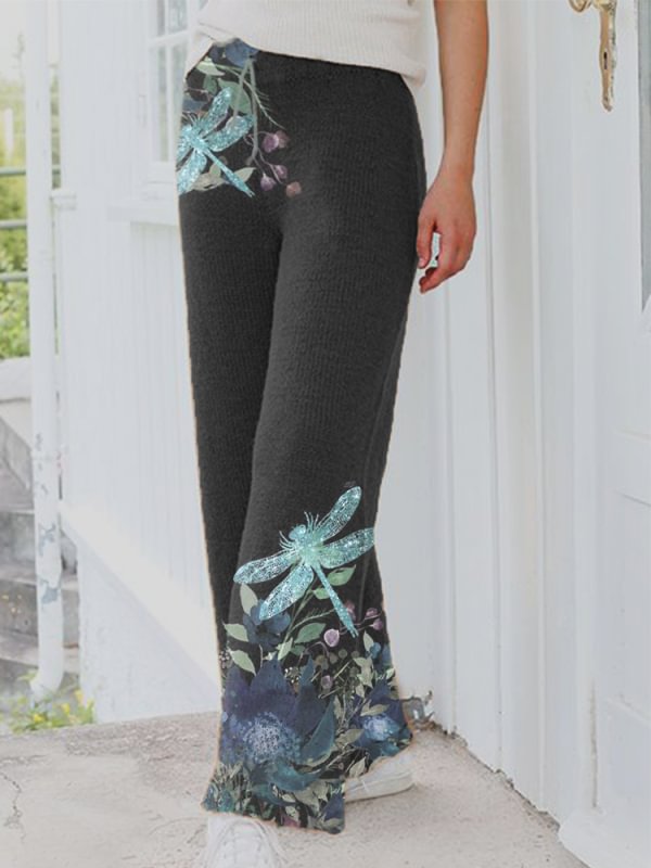 Vintage printed casual knitted warm straight wide leg pants