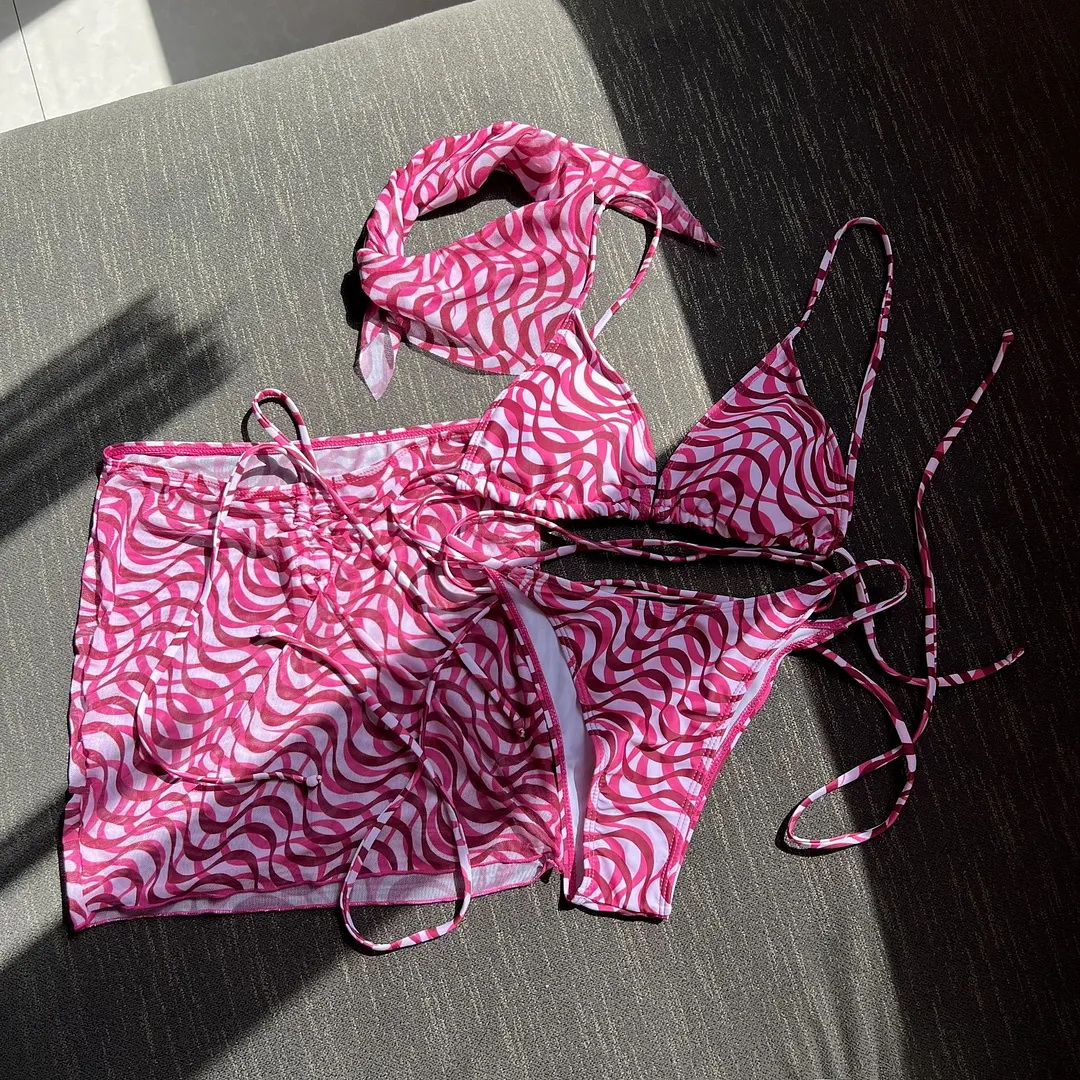 Churchf 2023 New Drawstring Strap Sexy Three-Piece Swimsuit Bikini Lead Yarn