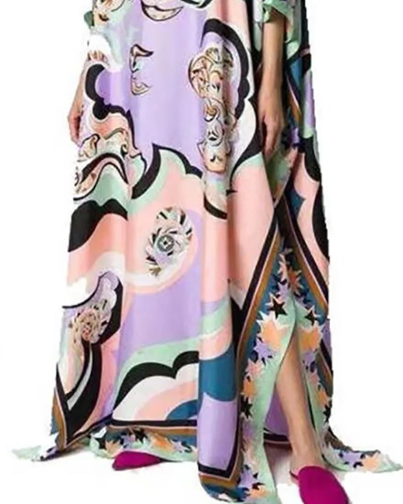 Batwing Sleeve Knitting elastic Printed Loose Maxi Dress