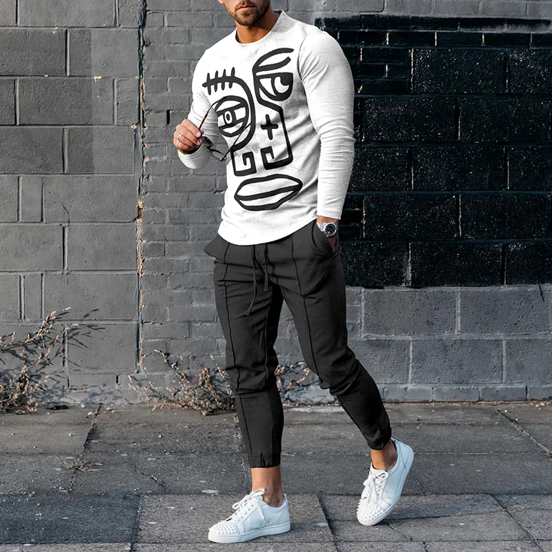 Casual Human Face Line Art Long Sleeve T-Shirt And Pants Co-Ord