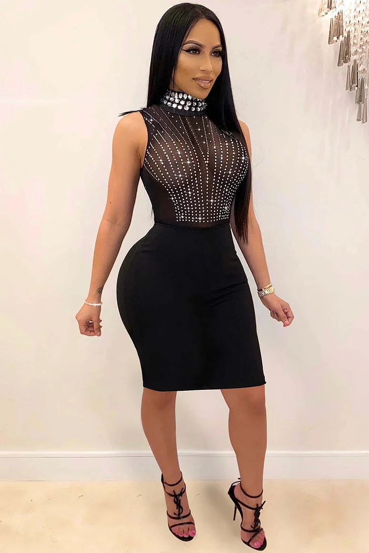 Sleeveless Stand Collar Rhinestone See Through Bodycon Party Mini Dresses