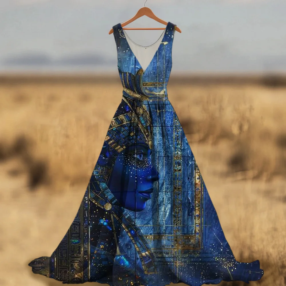 Egyptian Art Print Women's V-neck Linen Maxi Dress