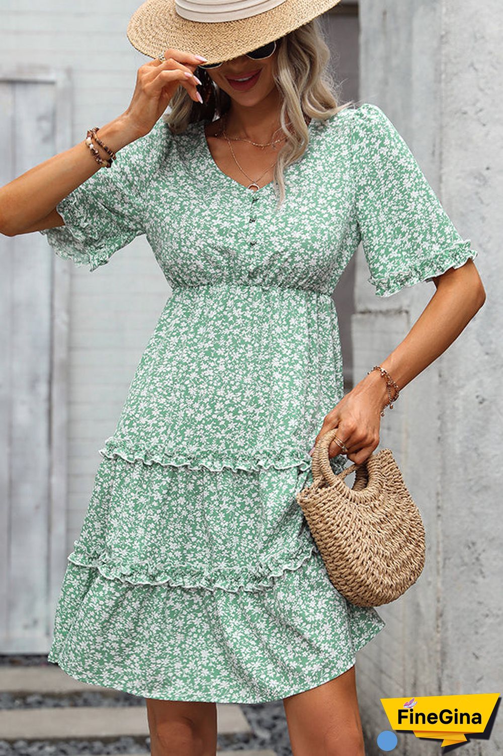 Floral Print Frill V Neck Casual Dress