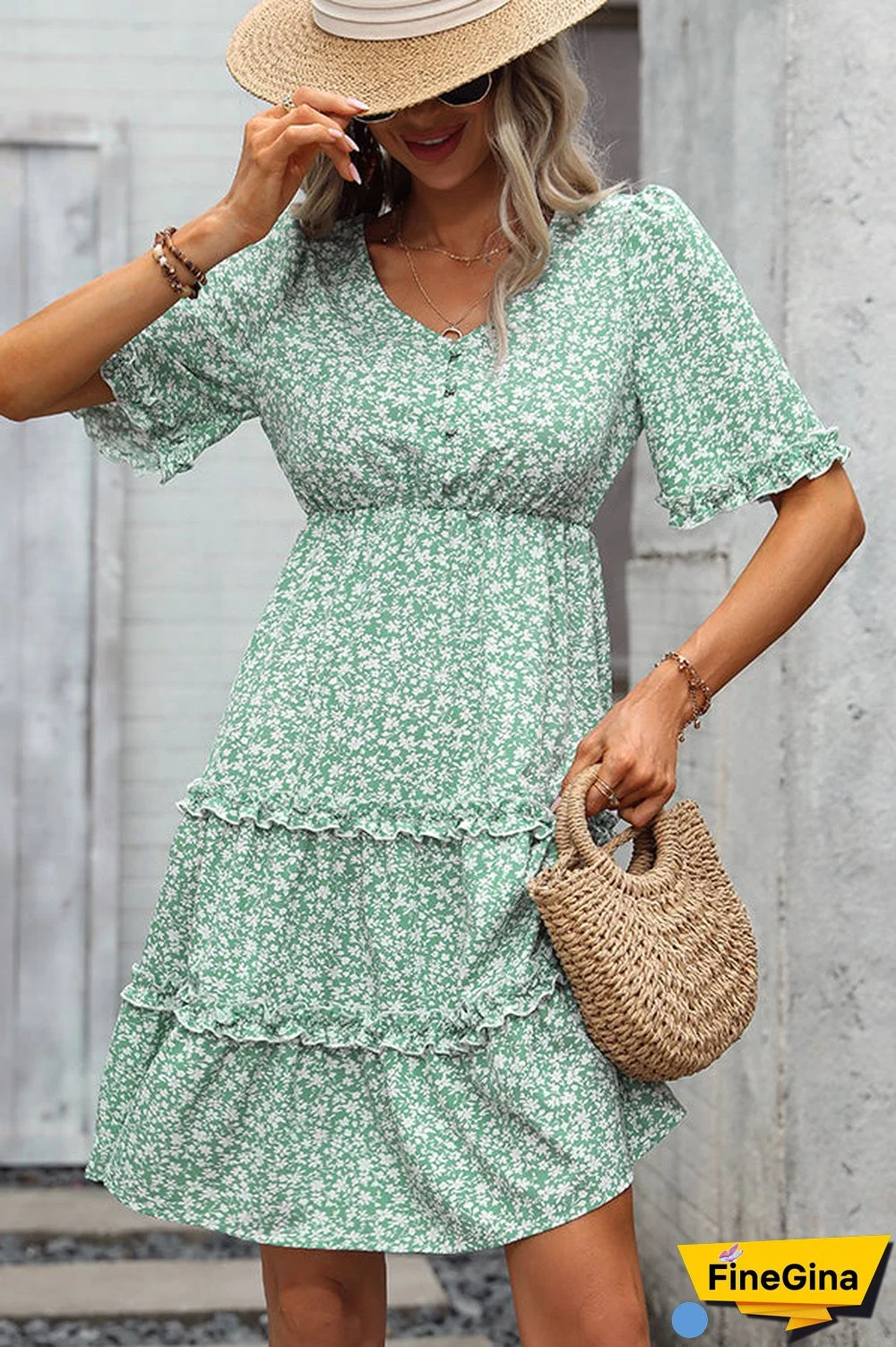 Floral Print Frill V Neck Casual Dress
