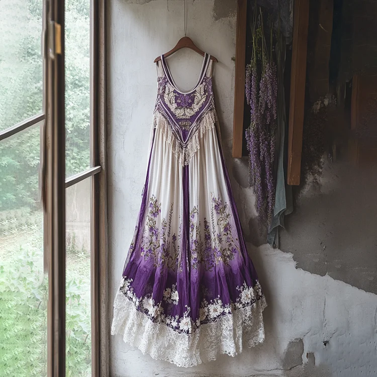 Boho Lavender Embroidered Lace Gradient Linen Dress