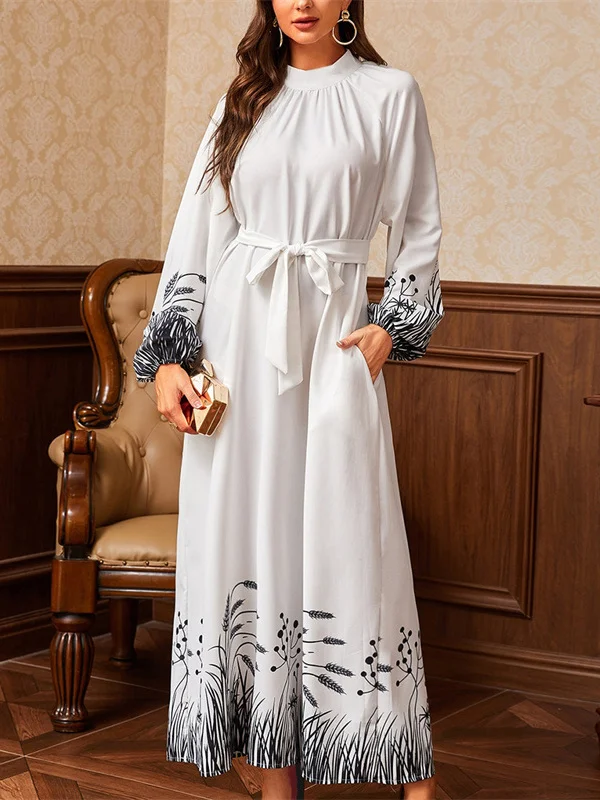 Hollow Pleated Printed Tied Waist Bishop Sleeve Long Sleeves Mock Neck Maxi Dresses