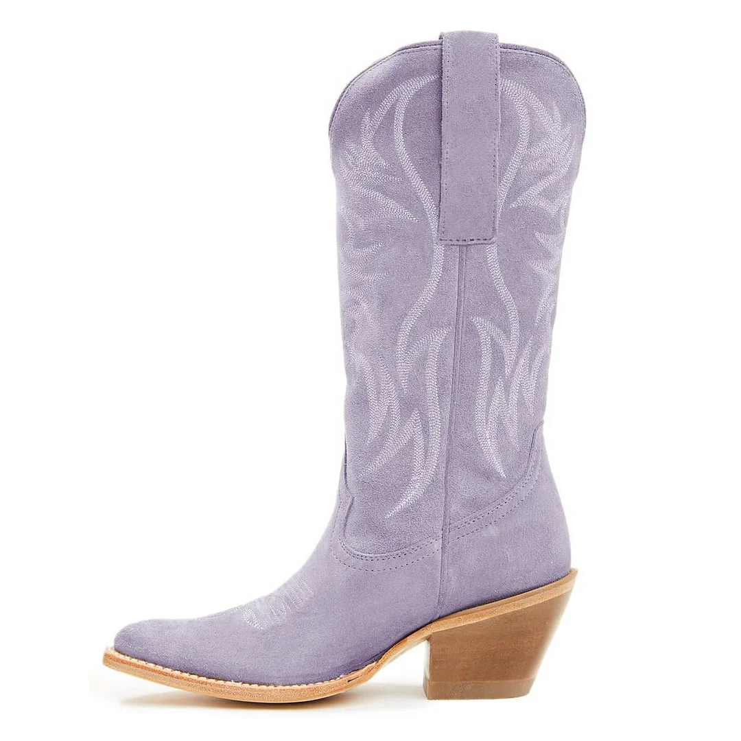Pointed Toe Embroidered Western Boots for Women in Light Purple